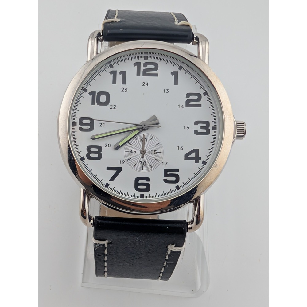 Men's Quartz Watch 42mm Silver Case Black Faux Leather Band- New Battery